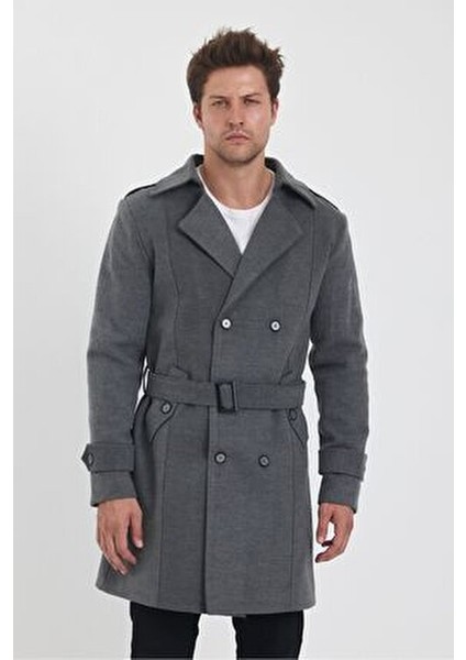 Erkek Gri Renk Kruvaze Yaka Uzun Dar Kalıp Kaşe Kaban Kalın Astarı ile Günlük Kullanım