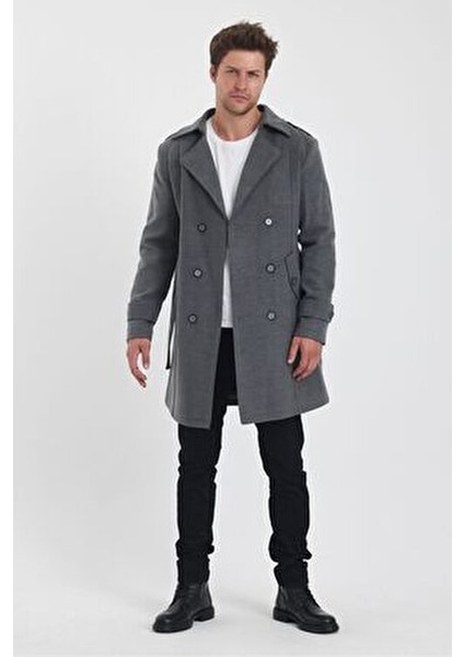 Erkek Gri Renk Kruvaze Yaka Uzun Dar Kalıp Kaşe Kaban Kalın Astarı ile Günlük Kullanım fiyatları