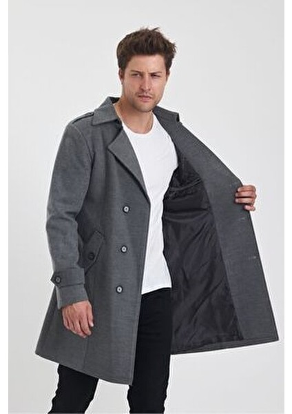 Erkek Gri Renk Kruvaze Yaka Uzun Dar Kalıp Kaşe Kaban Kalın Astarı ile Günlük Kullanım modelleri