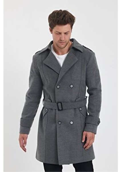 Erkek Gri Renk Kruvaze Yaka Uzun Dar Kalıp Kaşe Kaban Kalın Astarı ile Günlük Kullanım fırsatları