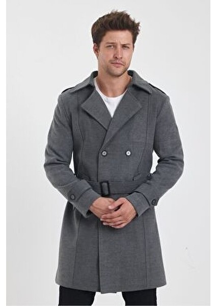 Erkek Gri Renk Kruvaze Yaka Uzun Dar Kalıp Kaşe Kaban Kalın Astarı ile Günlük Kullanım