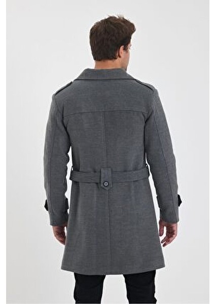 Erkek Gri Renk Kruvaze Yaka Uzun Dar Kalıp Kaşe Kaban Kalın Astarı ile Günlük Kullanım