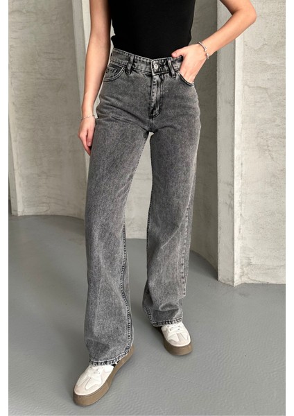 Kadın Yüksek Bel Jean Kot Palazzo Pantolon Füme / 27