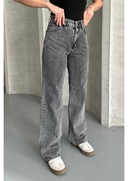 Kadın Yüksek Bel Jean Kot Palazzo Pantolon Füme / 27 indirimleri