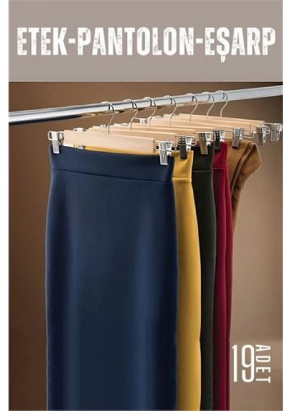 Etek Pantolon Eşarp Kıskaçlı Askı 19 Adet Ahşap