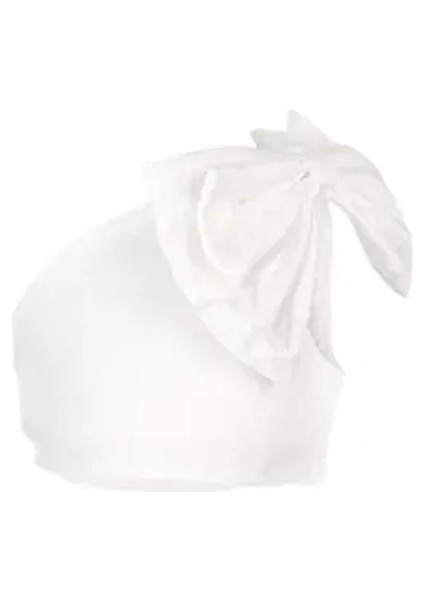 Beyaz Tek Omuzlu Fiyonk Detaylı Kız Çocuk Crop