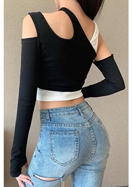 Kadın İkili Crop Bluz Seti Straplez Kolsuz Siyah Beyaz Modern Tasarım fırsatları