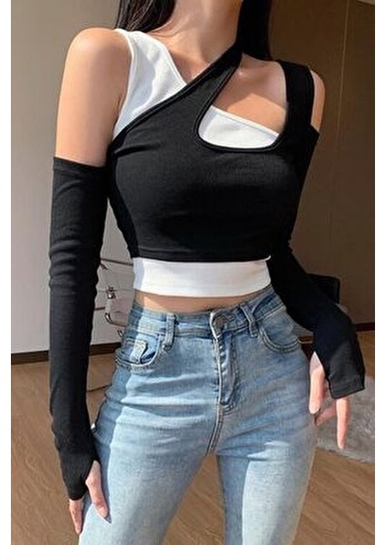 Kadın İkili Crop Bluz Seti Straplez Kolsuz Siyah Beyaz Modern Tasarım indirimleri