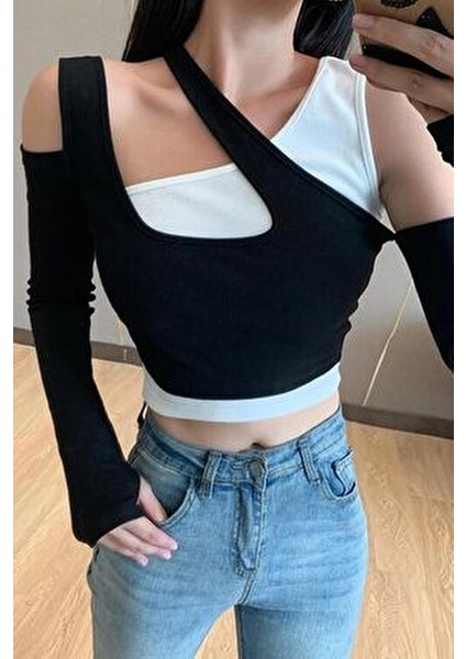 Kadın İkili Crop Bluz Seti Straplez Kolsuz Siyah Beyaz Modern Tasarım