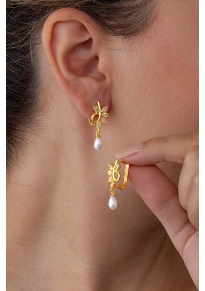 Kelebek Model Inci Taneli Altın Kaplama Gümüş Kadın Küpe modelleri