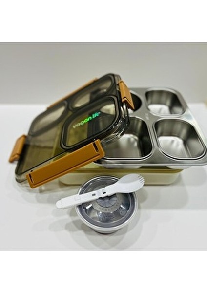 Bento Paslanmaz Çelik Tek Kat 4 Bölmeli (Sos Kaseli) 1200ML Beslenme Kutusu Sefer Tası