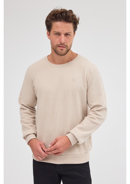 Erkek Bej Standart Fit Normal Kesim Pamuklu Basic Bisiklet Yaka Sweatshirt fiyatları