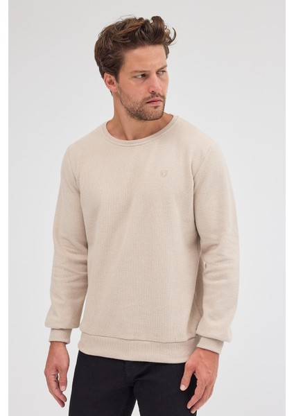 Erkek Bej Standart Fit Normal Kesim Pamuklu Basic Bisiklet Yaka Sweatshirt modelleri