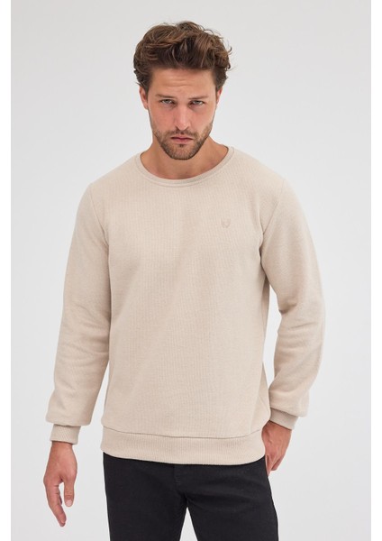 Erkek Bej Standart Fit Normal Kesim Pamuklu Basic Bisiklet Yaka Sweatshirt indirimleri