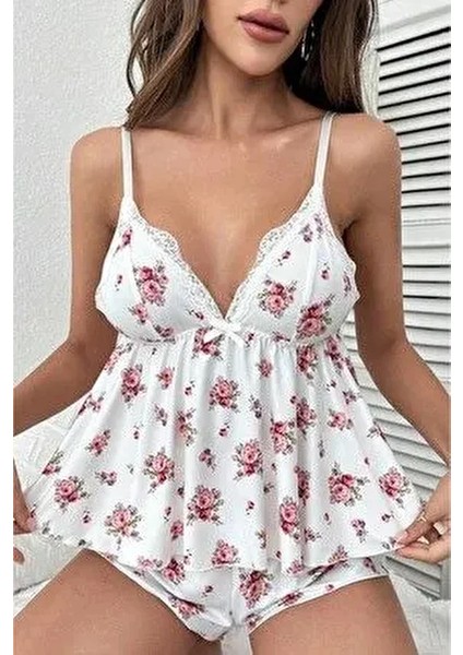 Çiçek Desenli Dantel Detaylı Pijama Takımı 2 Parça Beyaz Renk