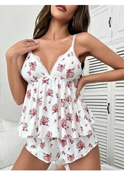 Çiçek Desenli Dantel Detaylı Pijama Takımı 2 Parça Beyaz Renk fiyatları