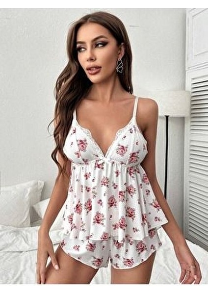 Çiçek Desenli Dantel Detaylı Pijama Takımı 2 Parça Beyaz Renk modelleri