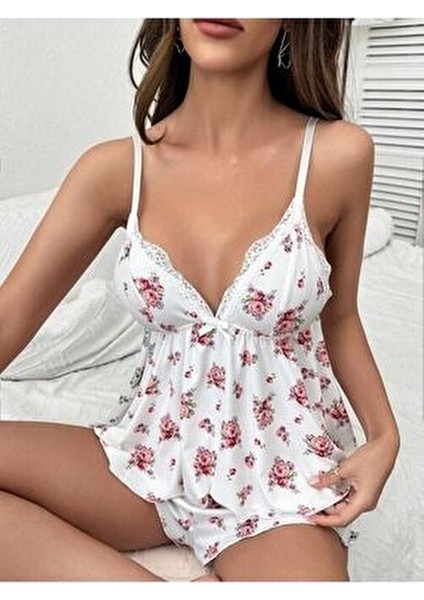 Çiçek Desenli Dantel Detaylı Pijama Takımı 2 Parça Beyaz Renk indirimleri