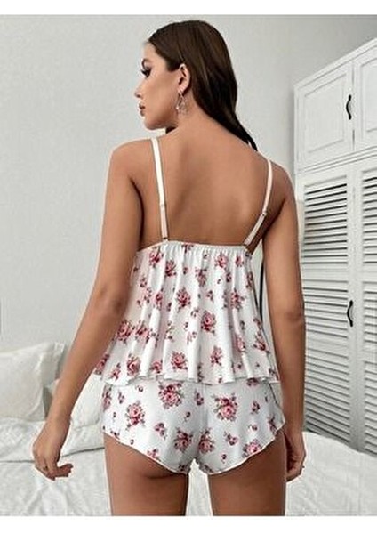 Çiçek Desenli Dantel Detaylı Pijama Takımı 2 Parça Beyaz Renk fırsatları