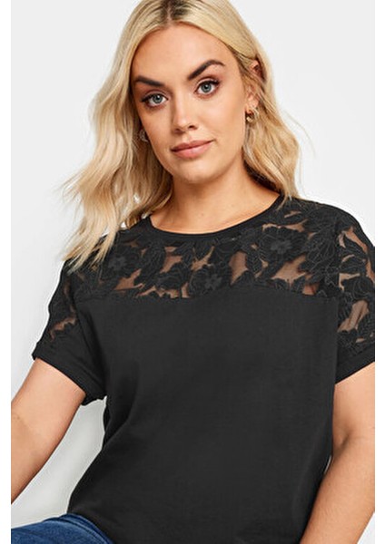 Büyük Beden Bisiklet Yaka Tül Detaylı Kısa Kollu T-Shirt 321125 fiyatları