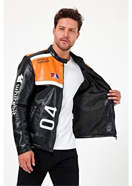 Erkek Oversize Puf Deri Yarışçı Ceket Kolej Mont Baskılı Fermuarlı Bomber Mont