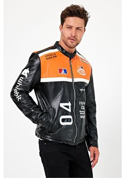 Erkek Oversize Puf Deri Yarışçı Ceket Kolej Mont Baskılı Fermuarlı Bomber Mont