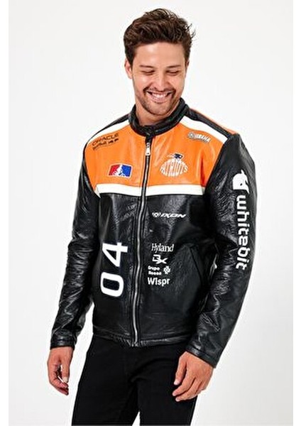 Erkek Oversize Puf Deri Yarışçı Ceket Kolej Mont Baskılı Fermuarlı Bomber Mont