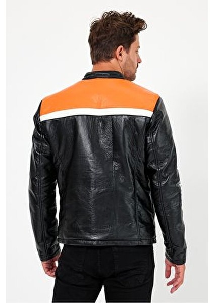 Erkek Oversize Puf Deri Yarışçı Ceket Kolej Mont Baskılı Fermuarlı Bomber Mont