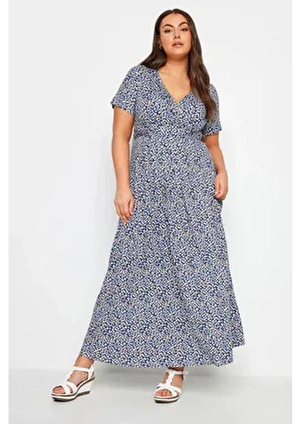 Büyük Beden V Yaka Desenli Kuşaklı Kısa Kol Anvelop Elbise 302644