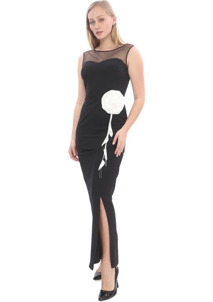 Beyaz V Yaka Balon Kol Taşlı Fiyonk Detaylı Maxı Elbise fiyatları