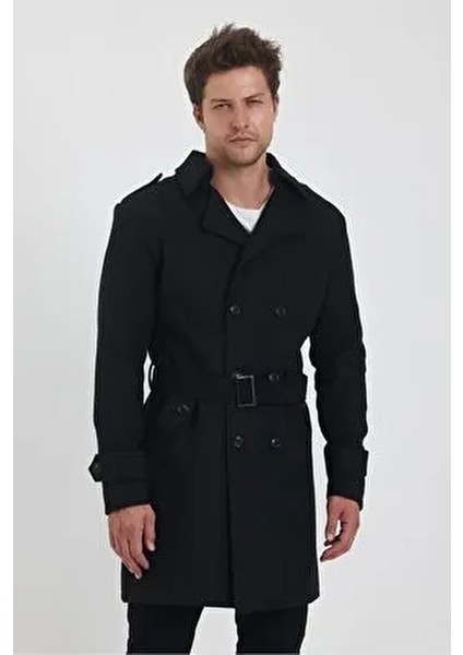 Erkek Siyah Kruvaze Yaka Uzun Dar Kalıp Kaşe Kaban Slim Fit Günlük Kullanım İçin