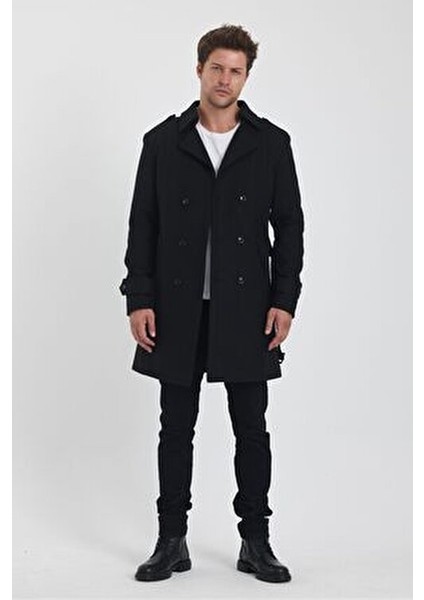 Erkek Siyah Kruvaze Yaka Uzun Dar Kalıp Kaşe Kaban Slim Fit Günlük Kullanım İçin fiyatları