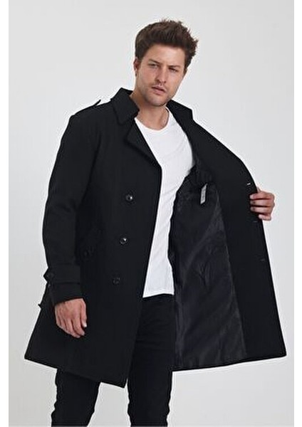 Erkek Siyah Kruvaze Yaka Uzun Dar Kalıp Kaşe Kaban Slim Fit Günlük Kullanım İçin modelleri