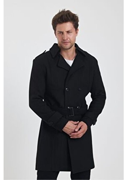 Erkek Siyah Kruvaze Yaka Uzun Dar Kalıp Kaşe Kaban Slim Fit Günlük Kullanım İçin fırsatları