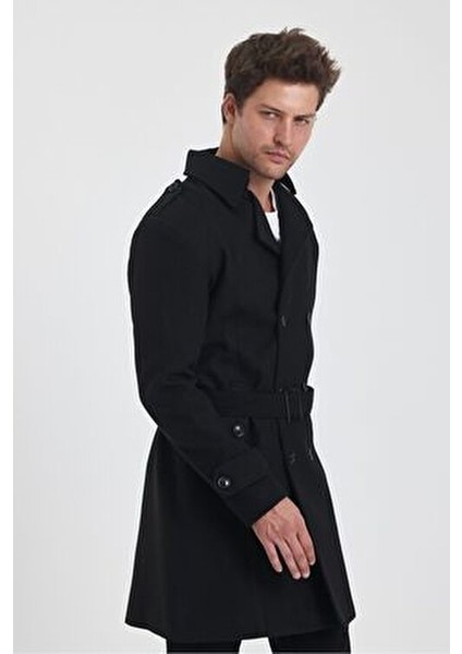 Erkek Siyah Kruvaze Yaka Uzun Dar Kalıp Kaşe Kaban Slim Fit Günlük Kullanım İçin