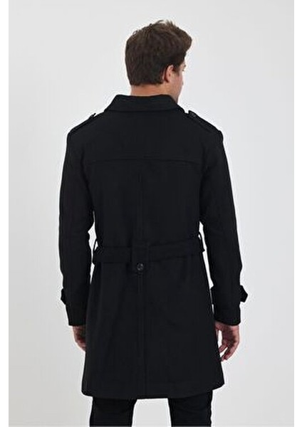 Erkek Siyah Kruvaze Yaka Uzun Dar Kalıp Kaşe Kaban Slim Fit Günlük Kullanım İçin