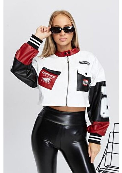 Kadın Oversize Kot Ceket Kolları Deri Garnili Fermuarlı Motorcu Montu Baskılı Yarışçı Kolej Ceket fiyatları