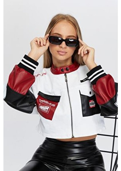 Kadın Oversize Kot Ceket Kolları Deri Garnili Fermuarlı Motorcu Montu Baskılı Yarışçı Kolej Ceket indirimleri