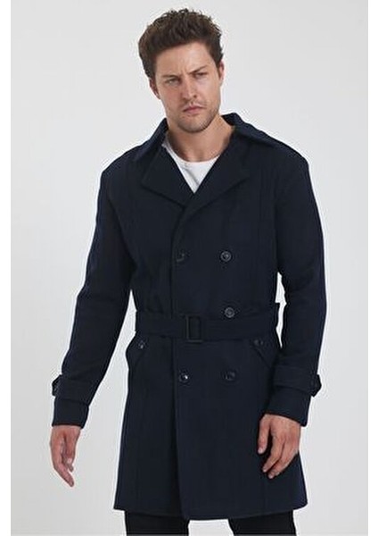 Kadın Lacivert Kruvaze Yaka Uzun Dar Kalıp Kaşe Kaban Kalın Dokuma