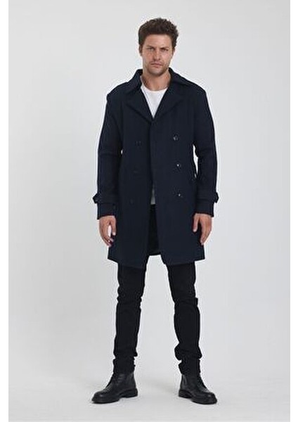 Kadın Lacivert Kruvaze Yaka Uzun Dar Kalıp Kaşe Kaban Kalın Dokuma fiyatları