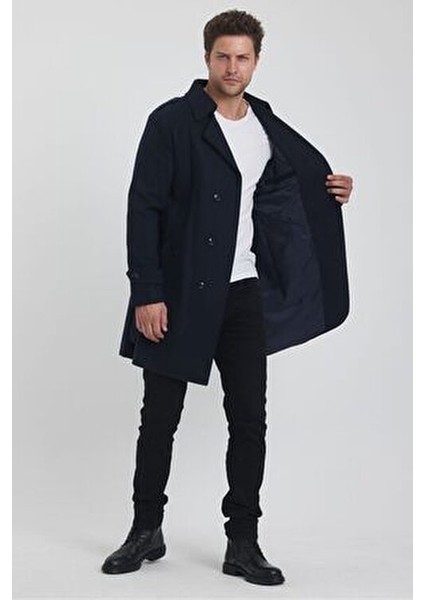 Kadın Lacivert Kruvaze Yaka Uzun Dar Kalıp Kaşe Kaban Kalın Dokuma modelleri