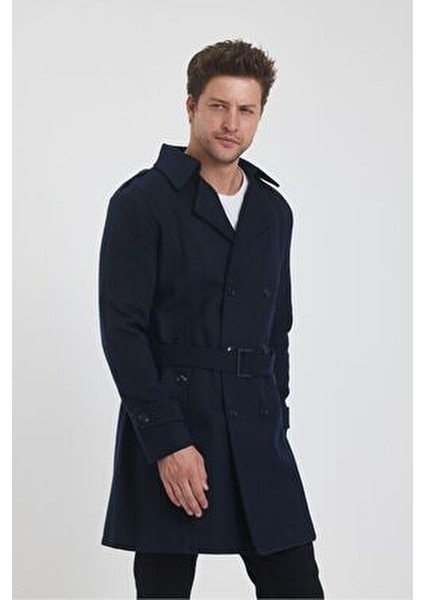 Kadın Lacivert Kruvaze Yaka Uzun Dar Kalıp Kaşe Kaban Kalın Dokuma indirimleri