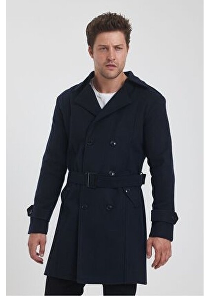 Kadın Lacivert Kruvaze Yaka Uzun Dar Kalıp Kaşe Kaban Kalın Dokuma