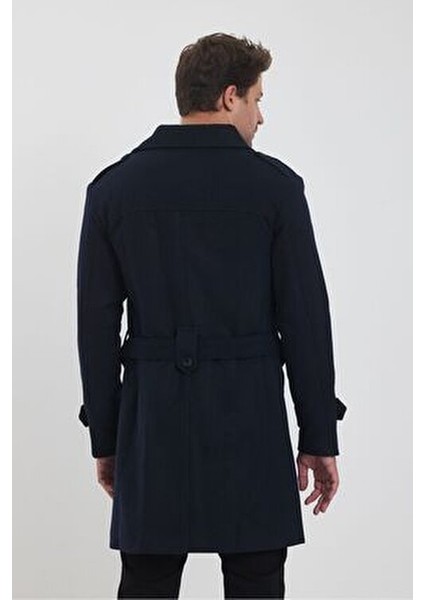 Kadın Lacivert Kruvaze Yaka Uzun Dar Kalıp Kaşe Kaban Kalın Dokuma