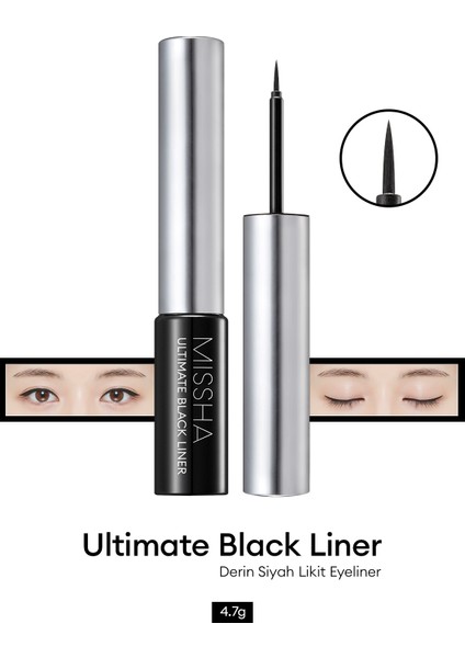 Uzun Süre Kalıcı, Yoğun Pigmentli, Ince Uçlu Likit Eyeliner Mıssha Ultimate Black Liner