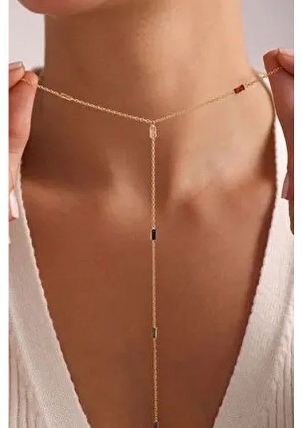 925 Ayar Gümüş Gold Kaplama Mix Baget Taşlı Sarkıt Zincirli Kolye