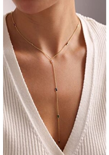 925 Ayar Gümüş Gold Kaplama Mix Baget Taşlı Sarkıt Zincirli Kolye fiyatları