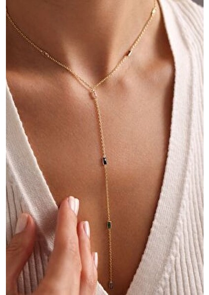 925 Ayar Gümüş Gold Kaplama Mix Baget Taşlı Sarkıt Zincirli Kolye fırsatları