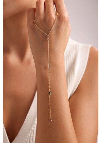 925 Ayar Gümüş Gold Kaplama Mix Baget Taşlı Sarkıt Zincirli Kolye indirimleri