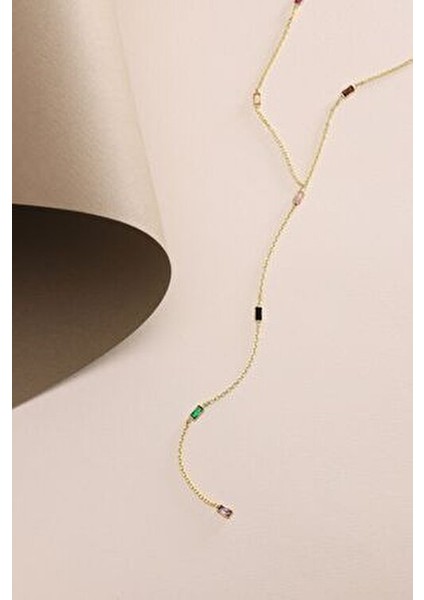 925 Ayar Gümüş Gold Kaplama Mix Baget Taşlı Sarkıt Zincirli Kolye